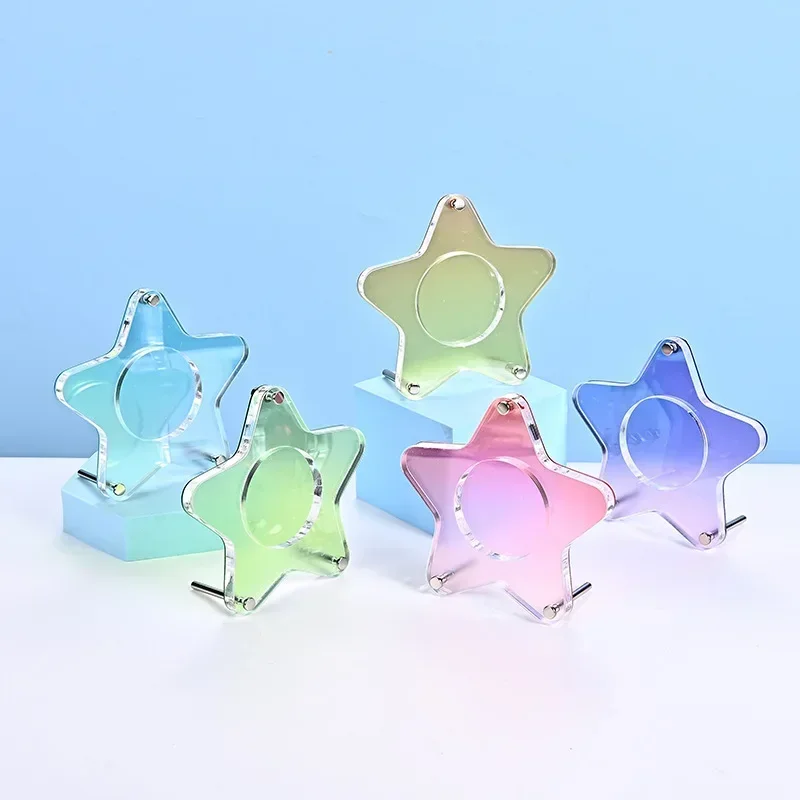 Aesthetic Gradient Color Stars Acrylic Round Metal Badge Holder Anime Character Souvenir Badge Display Storage Dustproof Stand