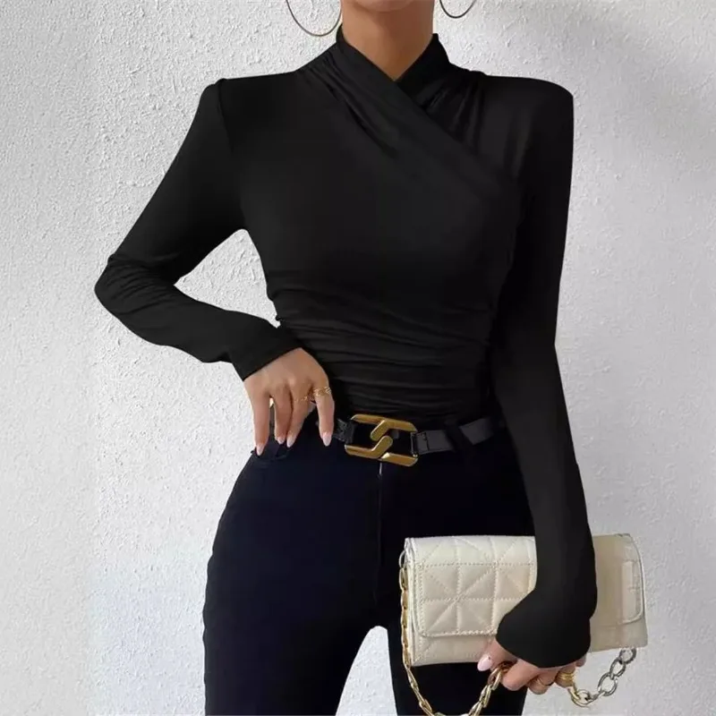 Frühlingsneues Design, langärmeliges, schmal geschnittenes, vielseitiges, einfarbiges, plissiertes T-Shirt mit Kreuzkragen