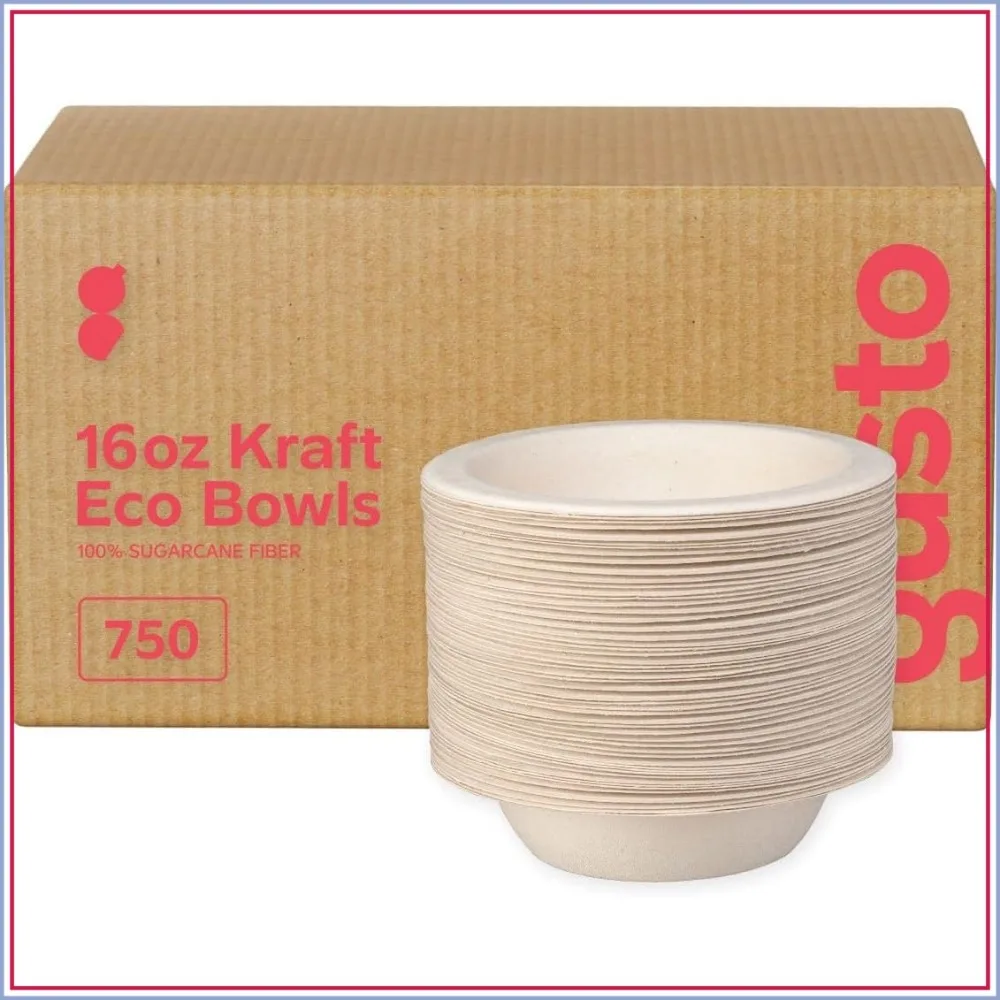 750 16oz Compostable Kraft Paper Soup Bowls, Heavy-Duty Disposable Sugarcane, Brown Unbleached