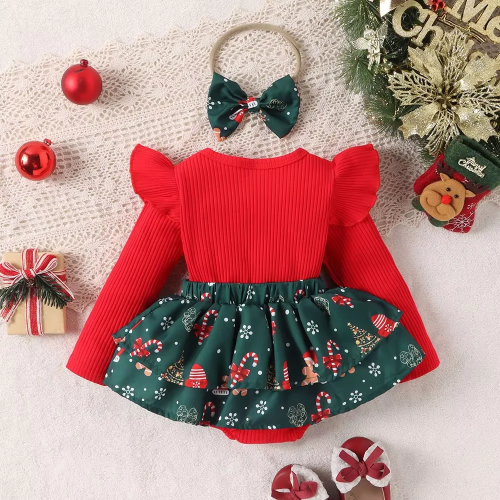 Infant Baby Girls Christmas Clothes Bodysuit Long Sleeve Cartoon Snowflake Print Bow Skirt Baby Dress with Christmas Headwear