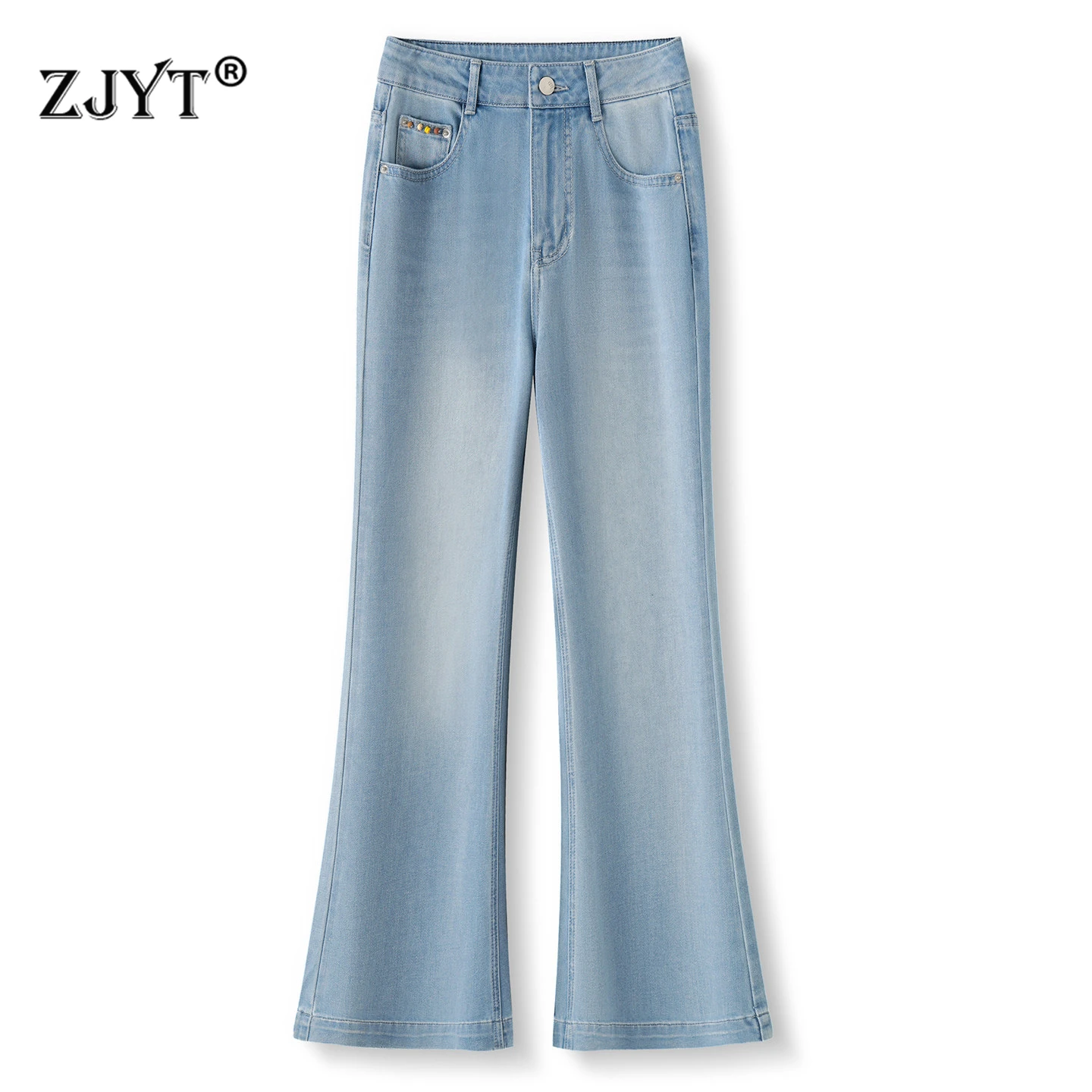 

ZJYT Summer Women's Flared Jeans Thin Pants High Street Fashion 2026 New High Waist Casual Blue Denim Trousers Female Bottoms