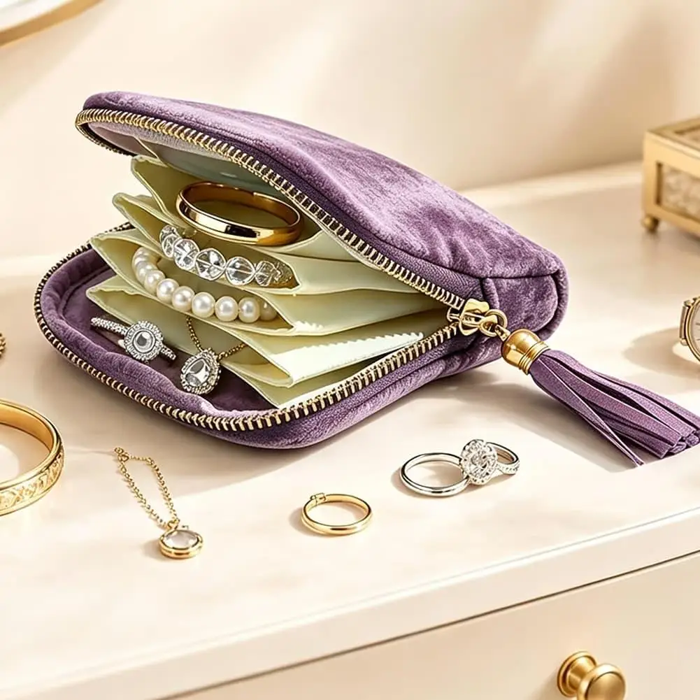 Portable Jewelry Storage Bag Organizer High End Tassel Fashion Keychain Pouch Zipper Multi Layer Retro for Rings Earrings Travel