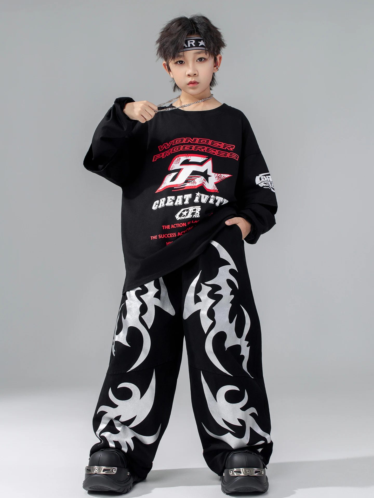 Stroje do tańca jazzowego dla dzieci na rok 2025, luźne koszule, spodnie cargo, garnitur dla chłopców, ubrania hip-hopowe rave dla dziewcząt, DQS21311