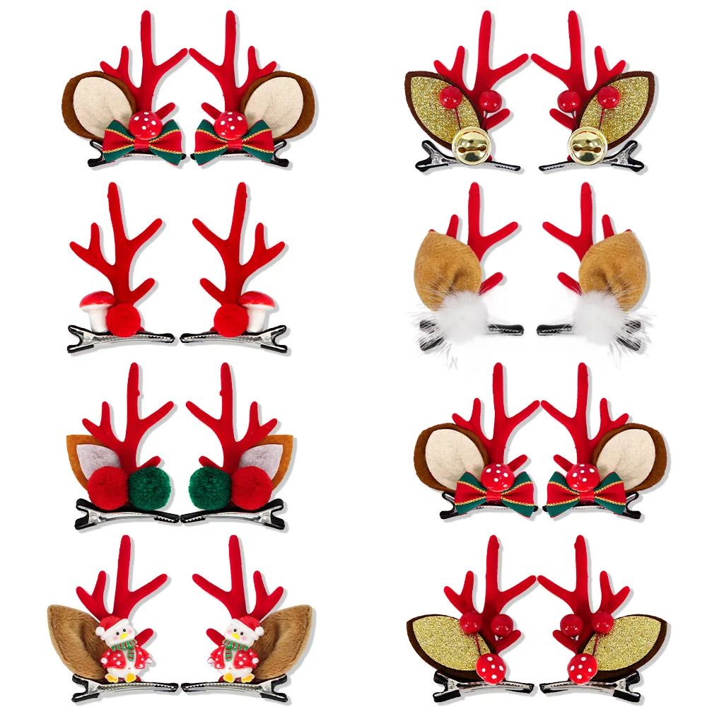 

2 pairs of Christmas hair accessories red plush antlers bell hairpin pair clips cute deer ear hairpin headgear female