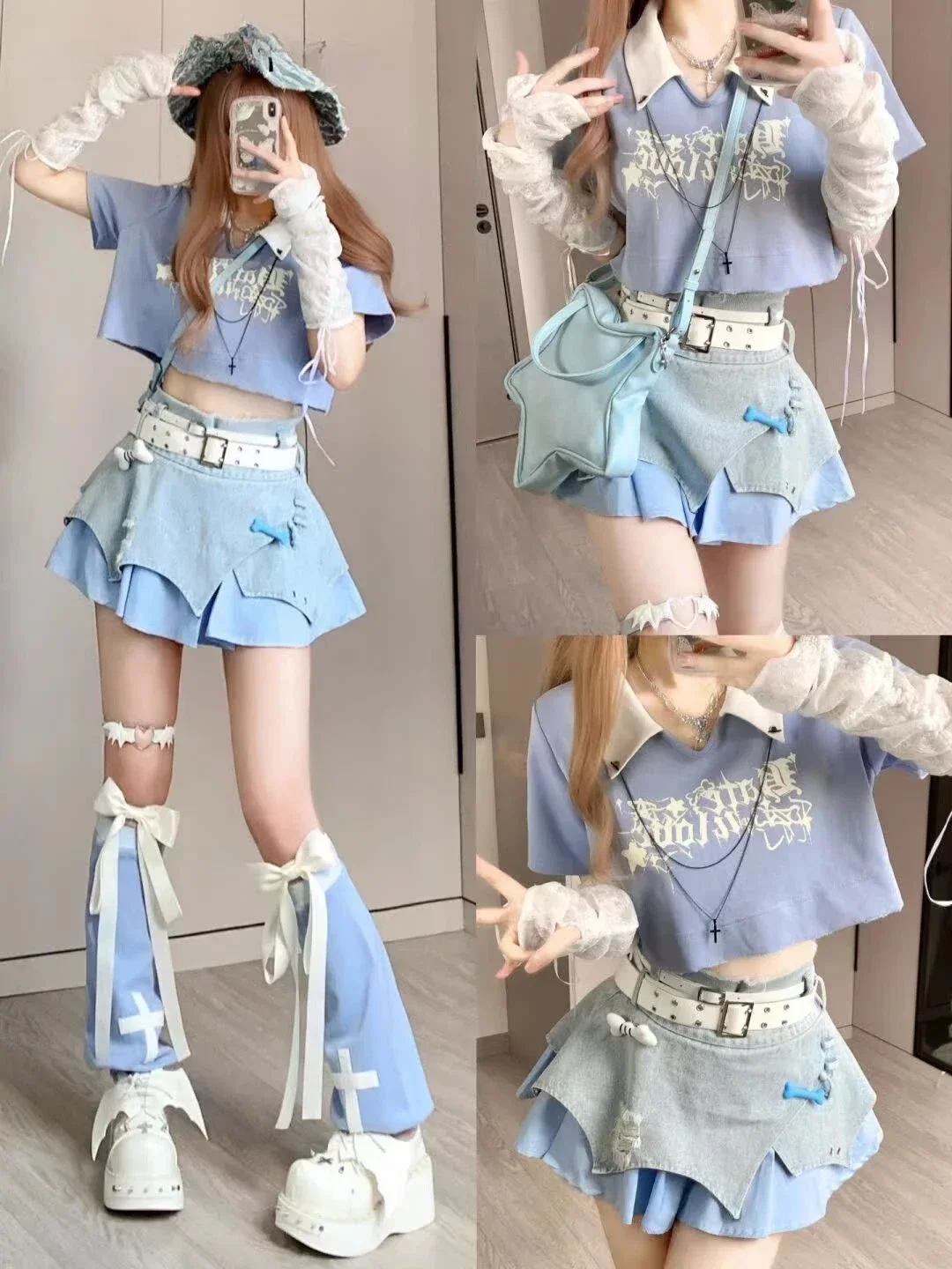 

Hot Girl Sexy Dopamine Girl Skirt Sets Women Summer Short Tops High Waist Denim Skirt Leg Warmer Kawaii Three Piece Set 2025