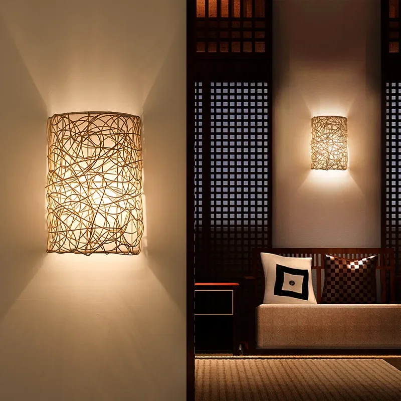 

American rattan wall lamp rattan woven corridor corridor bedroom bedside wall lamp restaurant cafe staircase