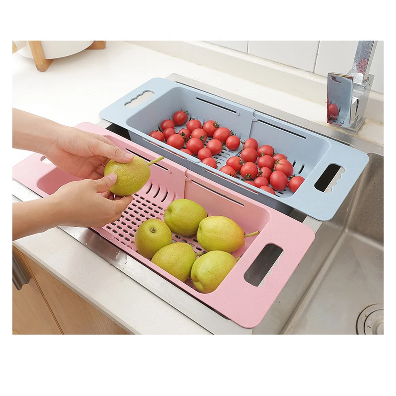 Pink Scalable drainage basket kitchen washes fruits and vegetables Scalable drainage basket for placing dishes and chopsticks