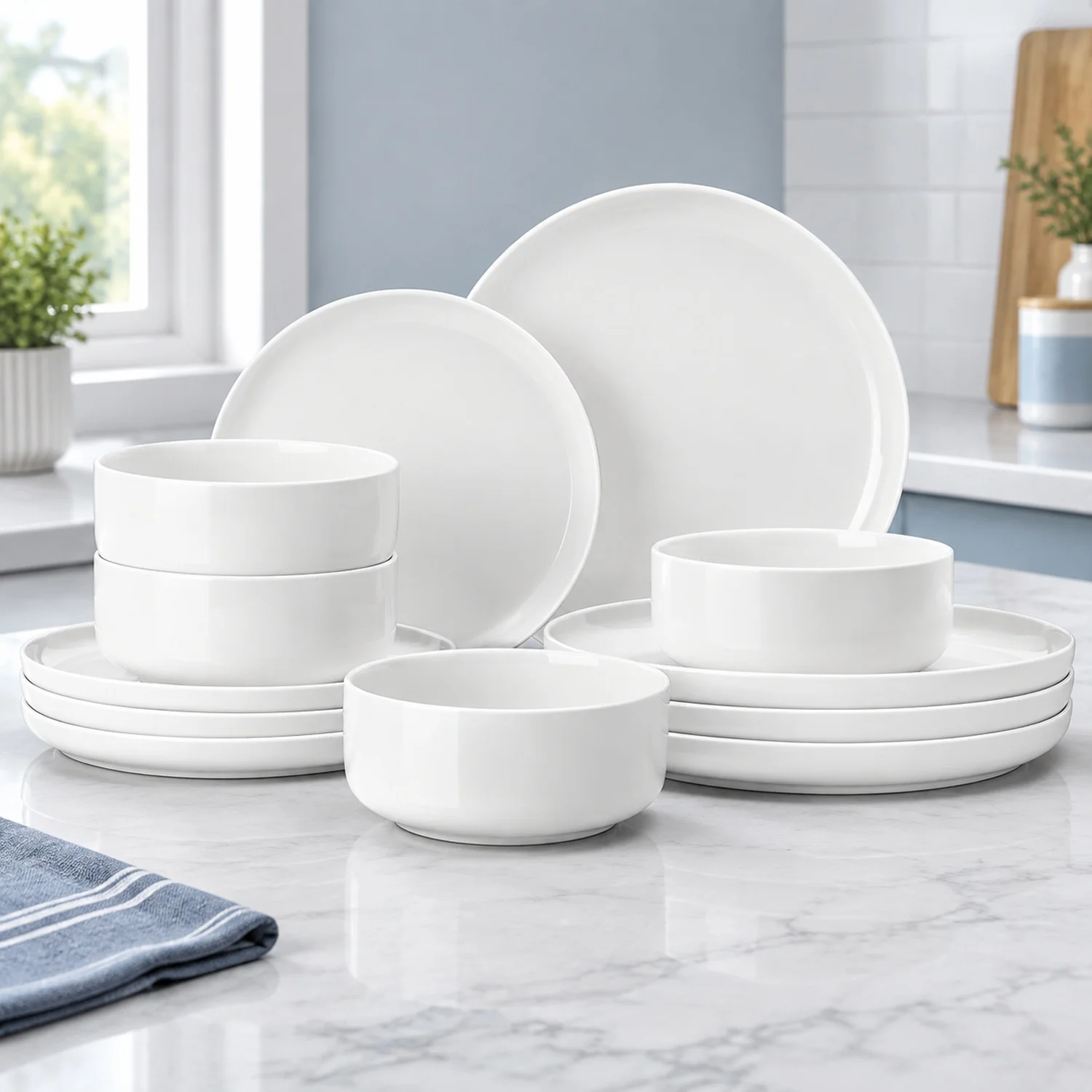 12 Pcs Porcelain Plates and Bowls Sets,Dinnerware for 4,White