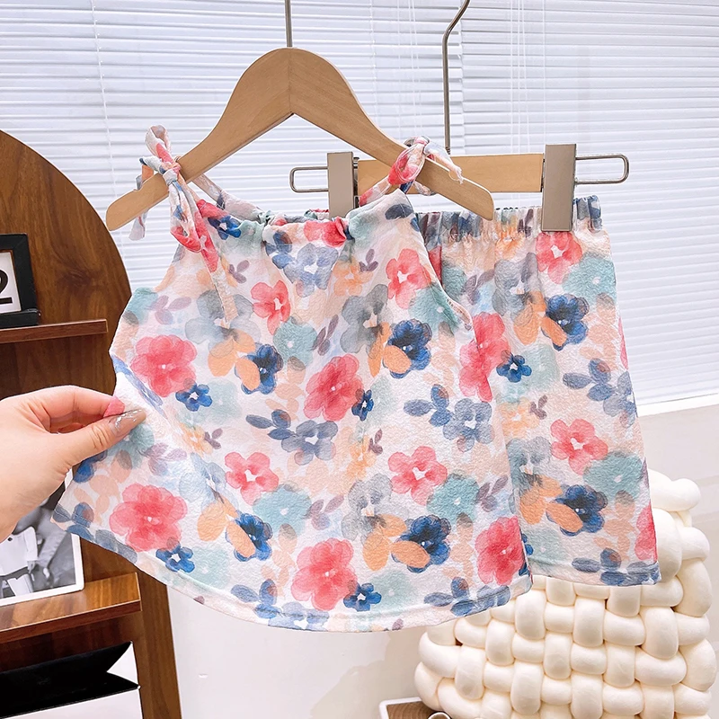 Fashion Floral Summer Thin Sleeveless T-shirts Shorts Sets for Baby Kids Girls Cooling Beach Traveling Tops Shorts for Children