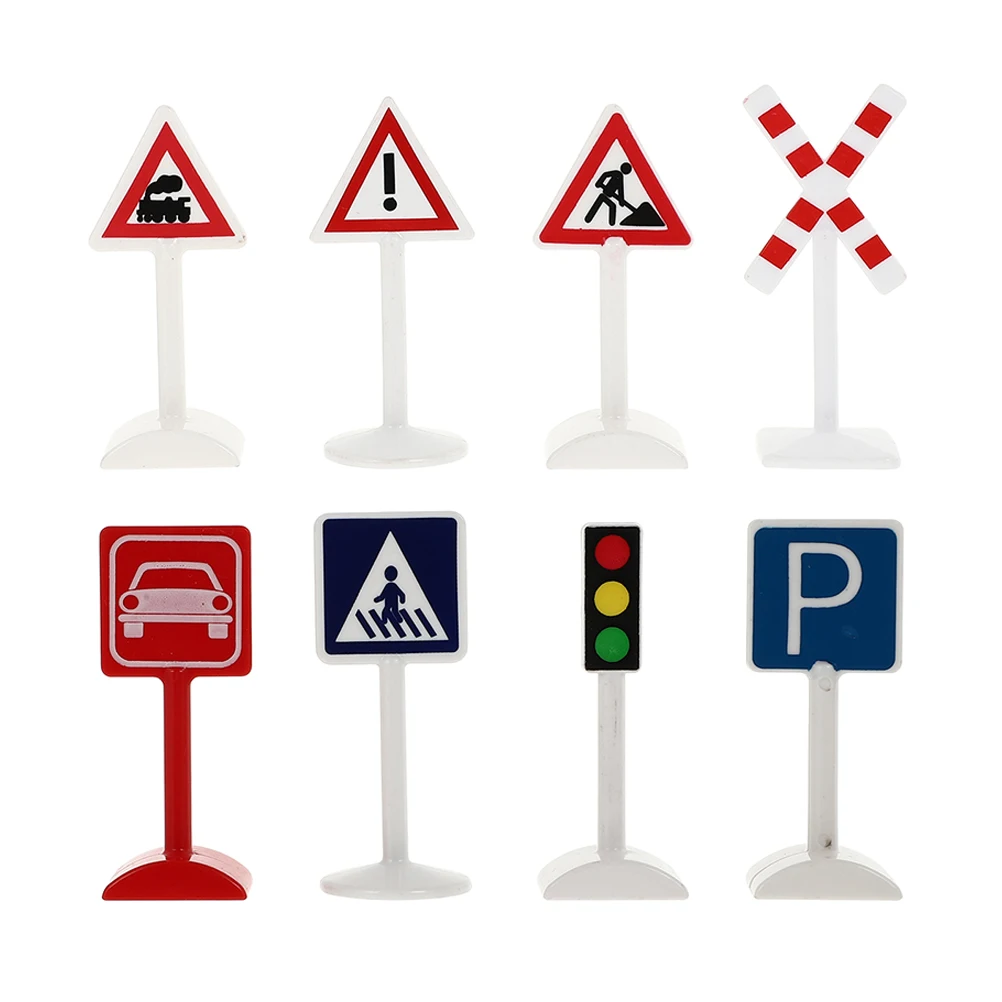 

8pcs Traffic Sign Ornaments Colorful Miniature Roadblocks Kids Toy Signs Plastic Model Non Remote Control Playsets