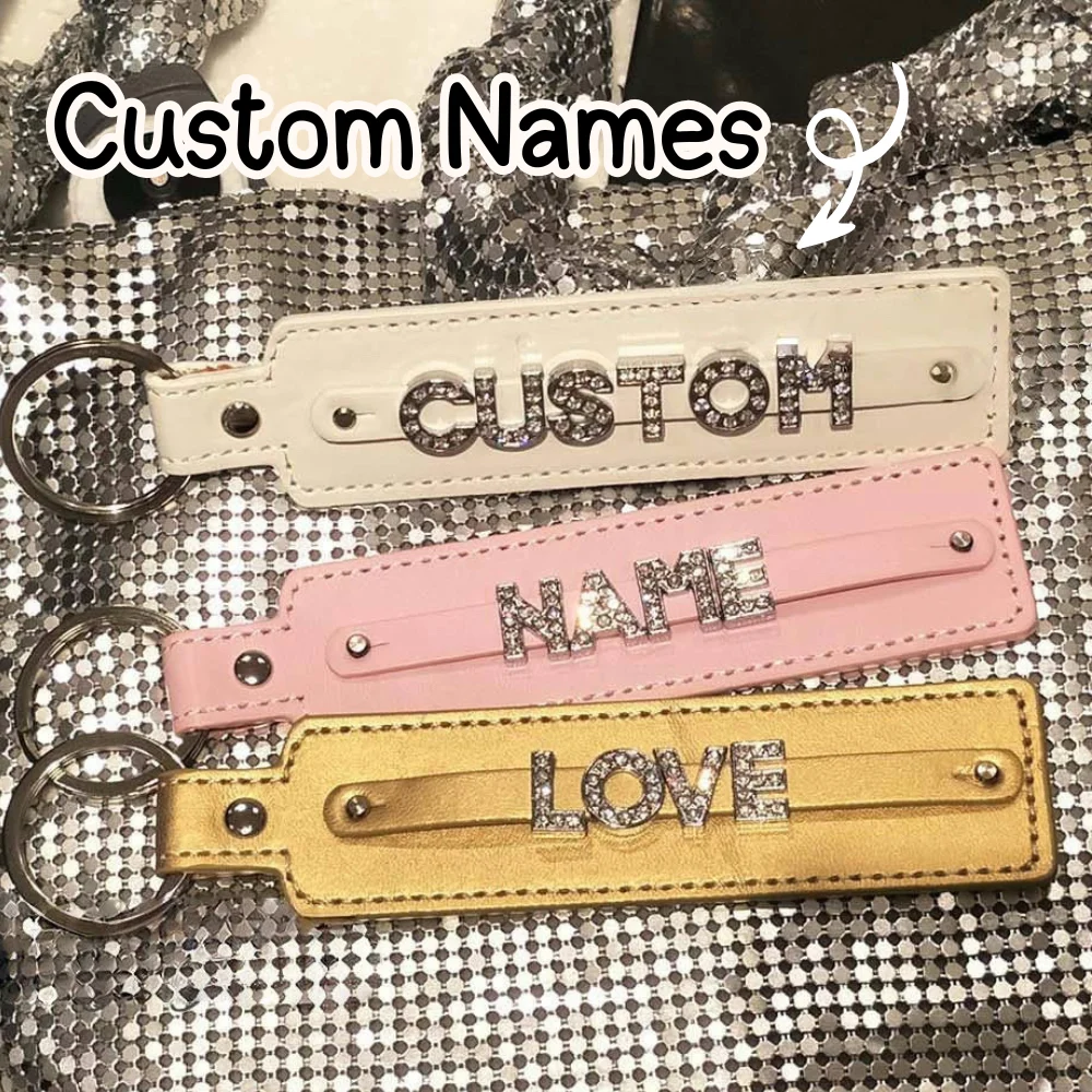 Benutzerdefinierter Strass-Namens-Schlüsselanhänger, Bling personalisiertes Leder-Schlüsselanhänger-Zubehör, personalisierter Schlüsselanhänger, Heimdekoration, individuelles Geschenk