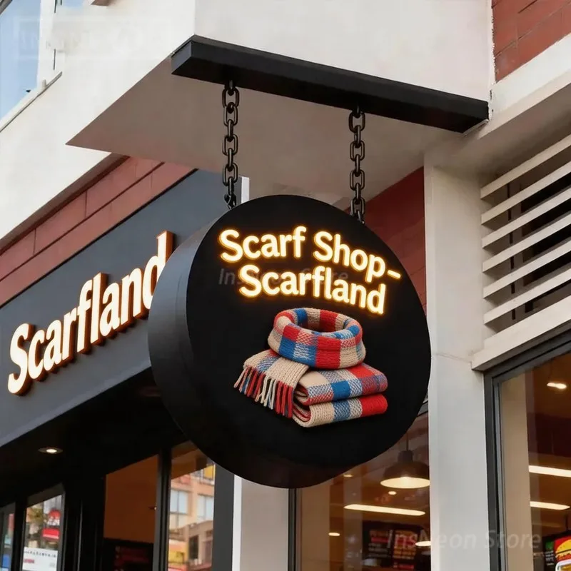 Scarf Shop Round Suspended LED Lightbox, Custom Double Sided Illuminated Signage, Outdoor Hanging Storefront Advertising Sign