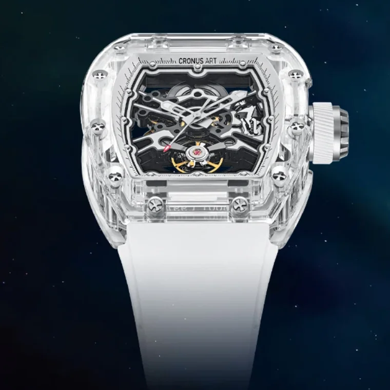 

CRONUSART Men Automatic Watch 50mm Acrylic Tonneau Case Mechanical Wristwatch Luminous Skeleton Dial
