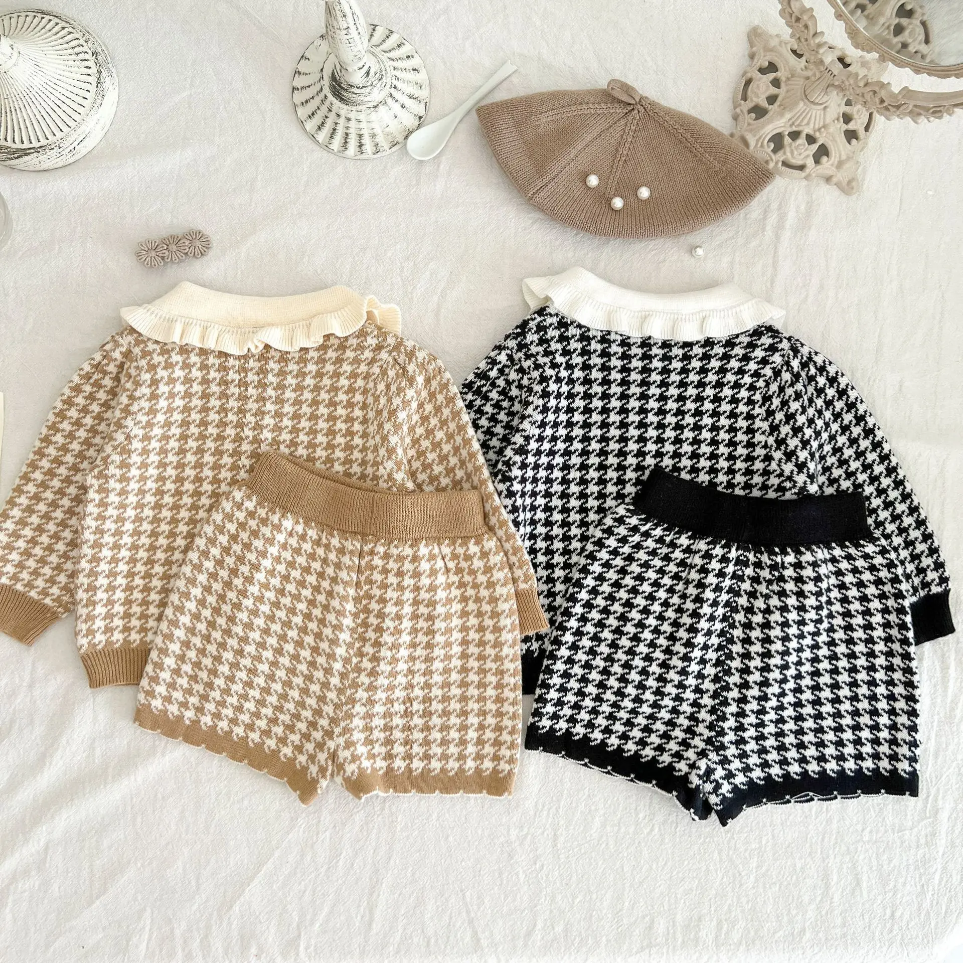 Baby Lotus Leaf Collar Cardigan Coat and Wool Shorts 2-piece Set Spring and Autumn Western Girl Small Fragrant Wind Sweater Set