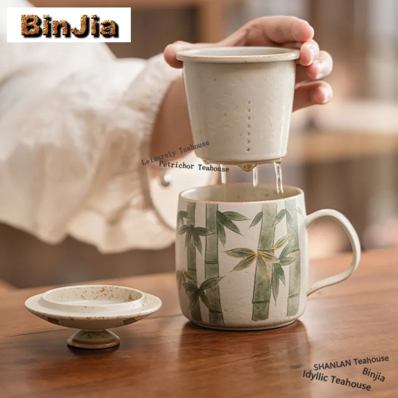 

310ml Hand-painted Bamboo Filter Tea Separator Cup Retro Tea Mug with Infuser Household Tea Soaking Office Water Cup Decoration
