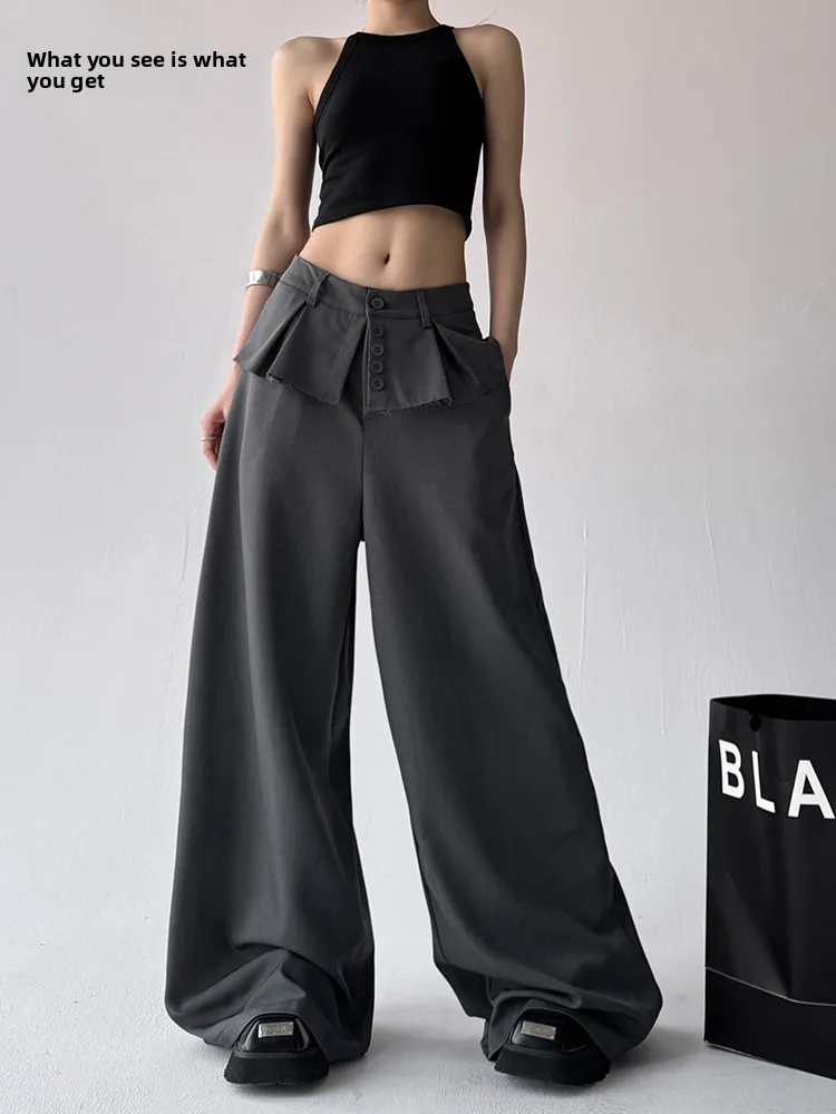 

Осень 2023, женские повседневные широкие брюки, дизайн на одной пуговице, иллюзорный костюм из двух предметов, утягивающий костюм с высокой талией, длинный