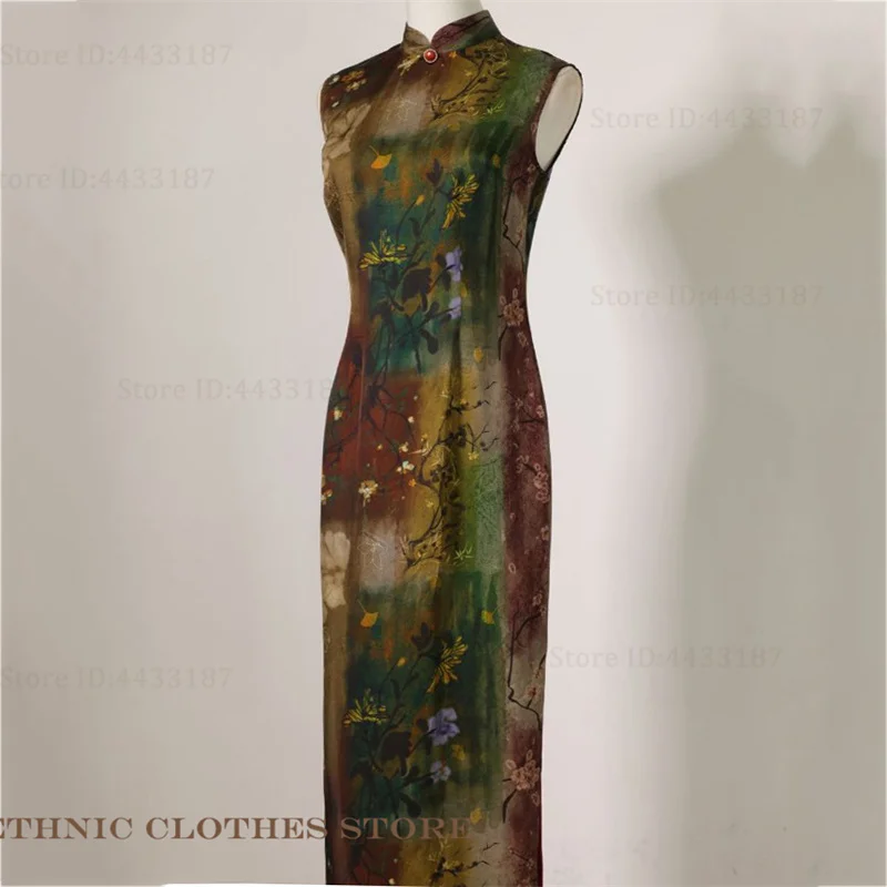 

Retro Print Flower Long Cheongsam Tradition Chinese Dress Women Clothig Sexy Improved Slim Qipao Vestidos Stage Show Costume
