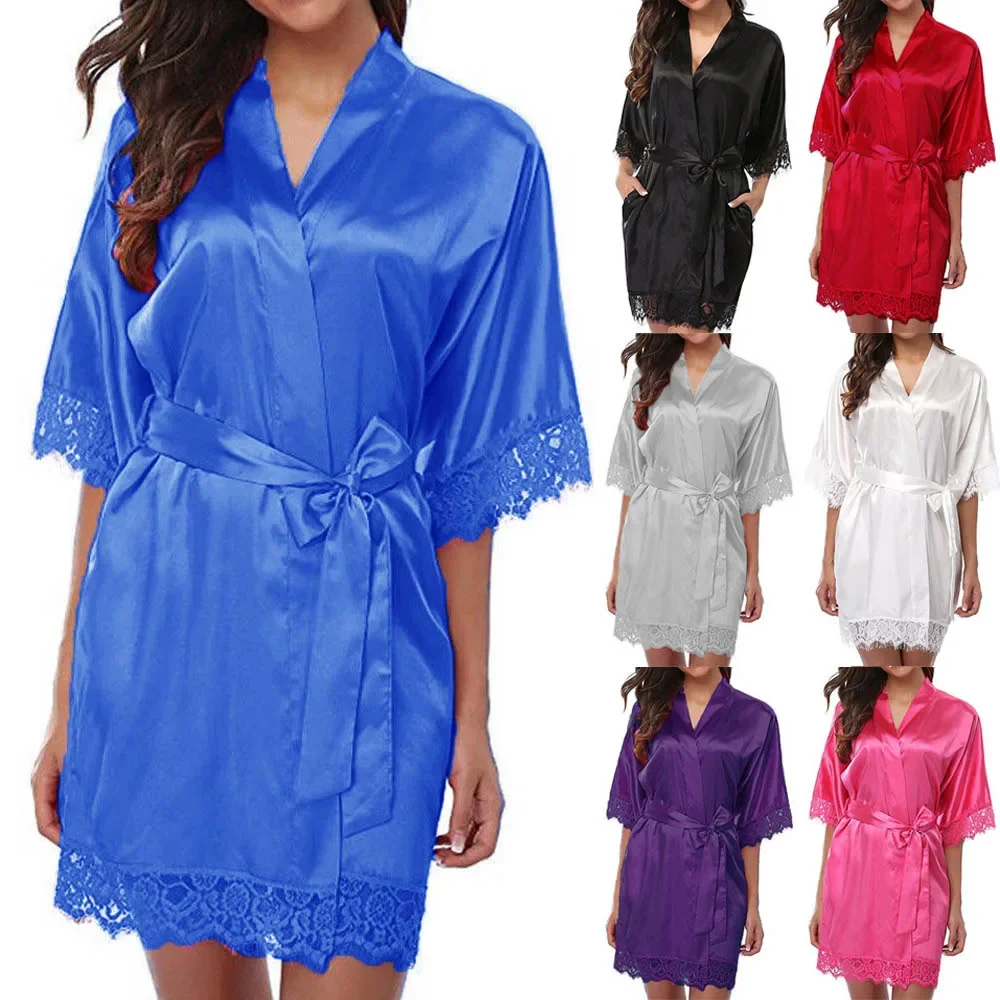 Silk Satin Nightdress For Women Night Robe Sexy Lingerie soft Sleepwear Smooth Lace Robe Dress Nightgown Bathrobe ladies Pajamas