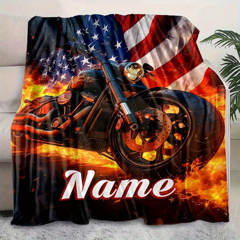 1pc Custom Name Blanket, Retro Motorcycle Banner Flame Flag Design, Soft Flannel All-Season Personalized Home Decor Gift for Men