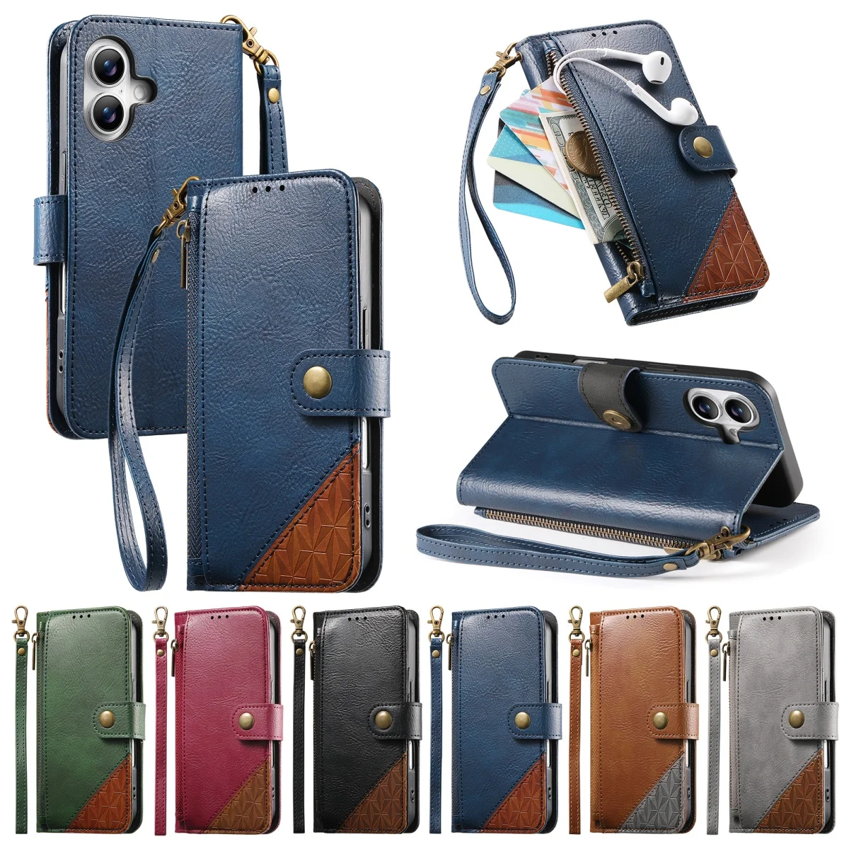 Leder Zipper Handgelenk Strap Flip Brieftasche Karte Slot Halter Telefon Fall Für iPhone 17 Pro Max 16 Plus 16E 15 14 13 12 funda Abdeckung