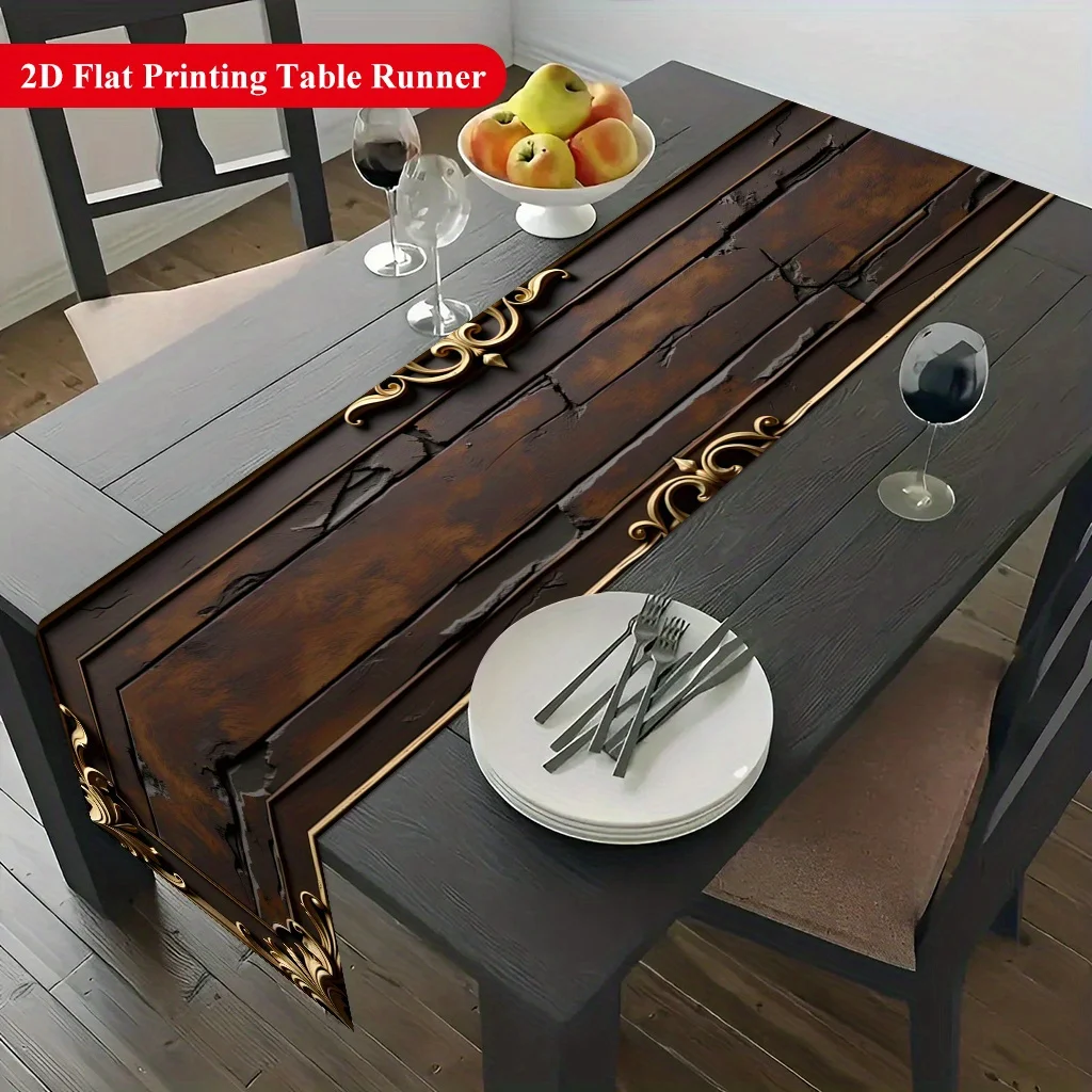 Vintage Wooden Design Gold Border Table Runner - Antique Culture Motif Decoration for Dining Coffee Table Home Kitchen Feast
