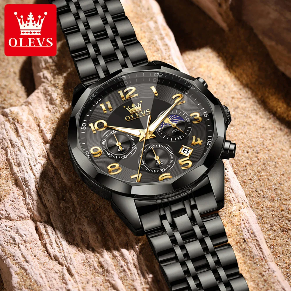 OLEVS 3676 Men Watch Original Multi functional Timing Quartz Watch Moon Phase Watch Waterproof Luminous Luxury Brand Men Watch A