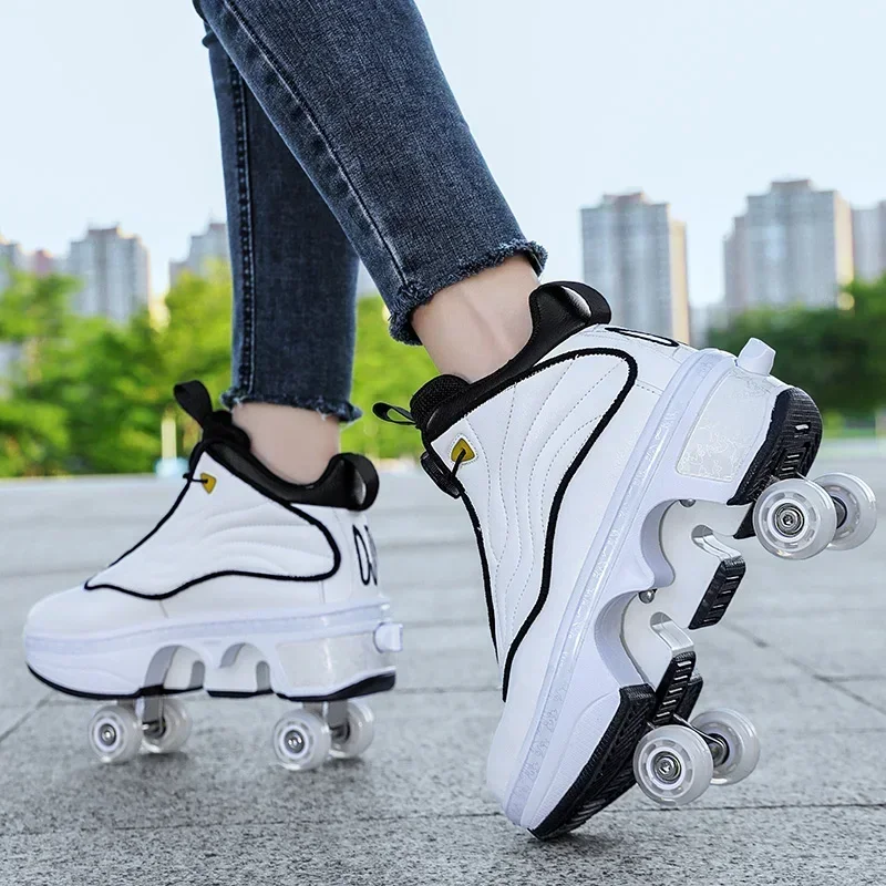 Unisex Automatic Retractable 4-Wheel Roller Skates Women's High Sneakers with Wheels Girls' Dual-Purpose Skating Sports Shoes