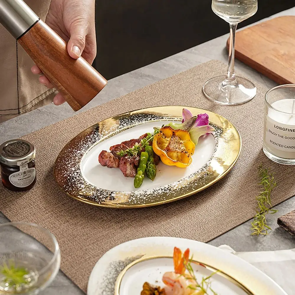 

Luxury Gold Rim Oval Ceramic Steak Plate Elegant Porcelain Serving Dish for Food Pasta Restaurant Home Tableware Dining Plates