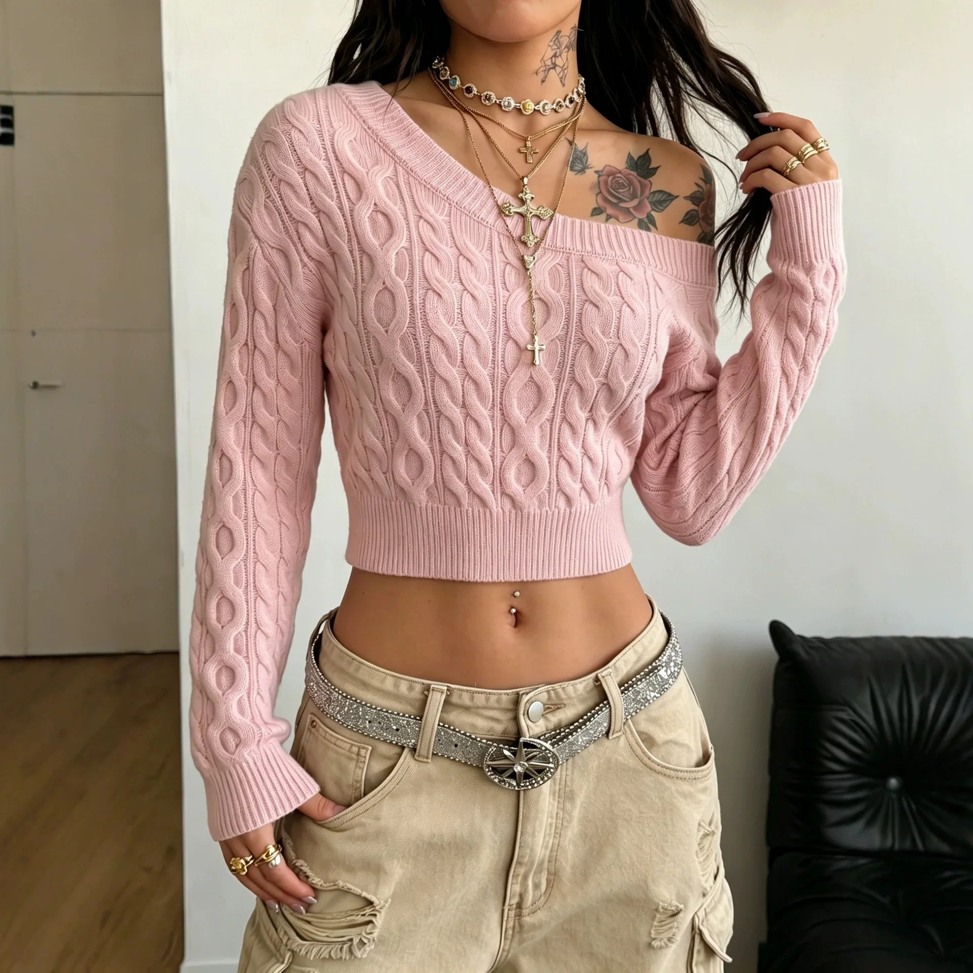 Spicy Girl Off-shoulder Cable Knit Sweater for Women, Cropped Cropped Long-sleeve Sweater, Slim and Fitting Top 3