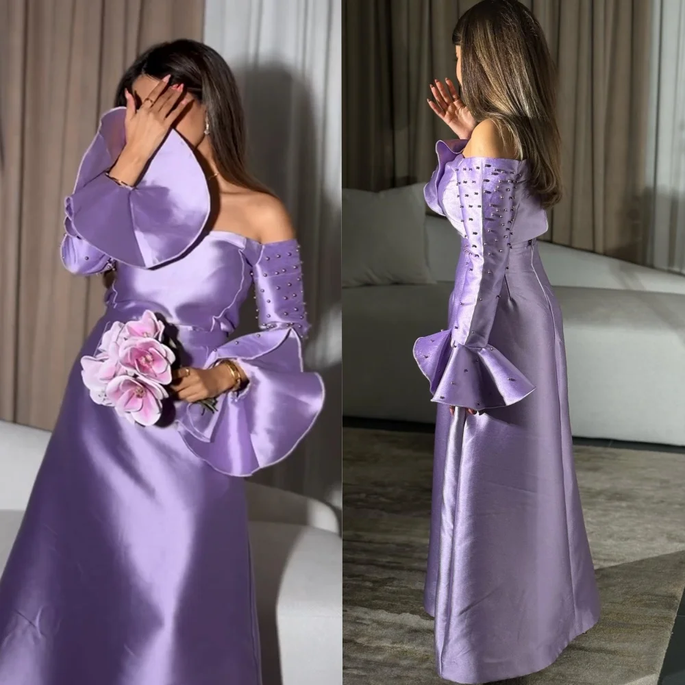 Vestidos largos plisados de perlas de satén de estilo moderno, línea A fruncida, hombros descubiertos, volantes, quinceañera, Retro clásico