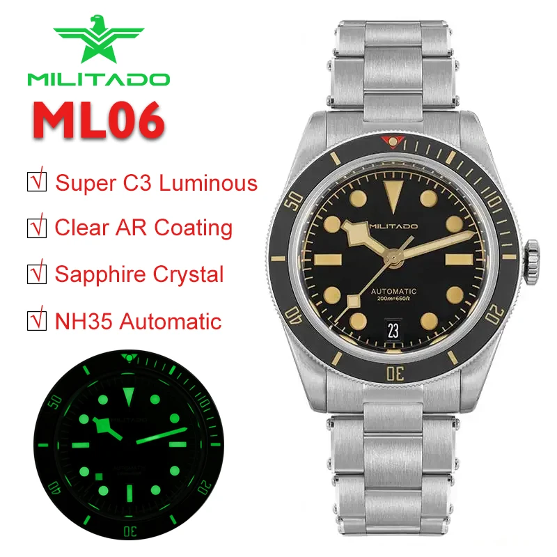 

Militado 38mm BB58 Retro Watch NH35 Automatic Sapphire Super C3 Luminous 20ATM Waterproof Fashion Luxury Mechanical Wristwatch