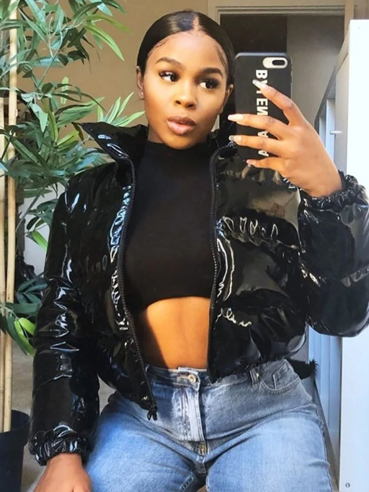 

Зимняя мода Three Sisters, повседневный удобный топ на молнии, однотонный зеркальный кардиган из искусственной кожи с воротником-стойкой, пуховая хлопковая куртка