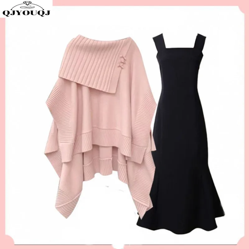 

Winter gentle outfit for women 2024 new Korean version loose knit cape sweater with suspender fishtail skirt two-piece set