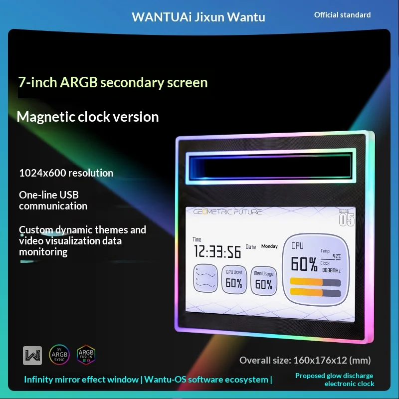

Второй экран WANTUAI 7 дюймов с ARGB-подсветкой и магнитным креплением, для мониторинга компьютера, с настраиваемым дизайном, USB-часы с электронным дисплеем.