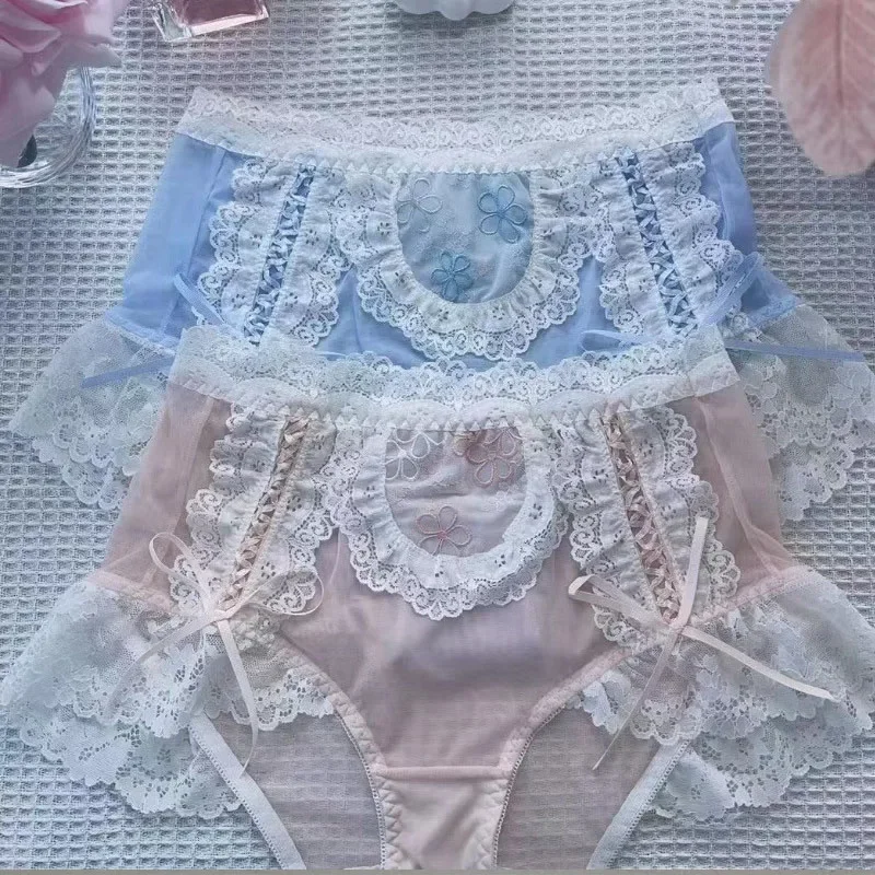 Big Size Lolita Sexy Lace Bow Briefs Sissy Mesh Mid-waist Panties Cross-dressing Transparent Embroidery Cute Briefs