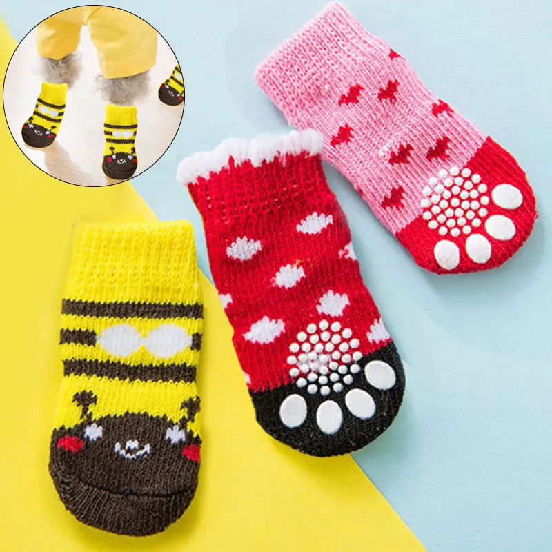 4pcs Warm Anti-Slip Pet Socks Winter Warm Knitted Cartoon Puppy Cats Socks For Small Medium Dogs Paw Protector Pets Accessories