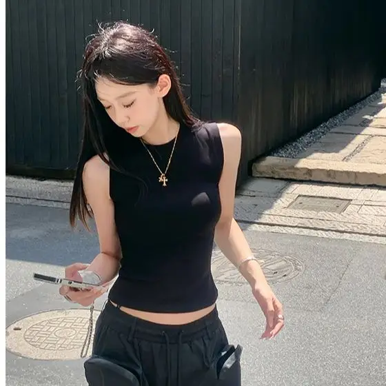 멜빵 터틀넥 풀오버 조끼, 타이트한 허리 커버 민소매 티셔츠, 이너 하의 셔츠, 얇고 섹시한 심플 