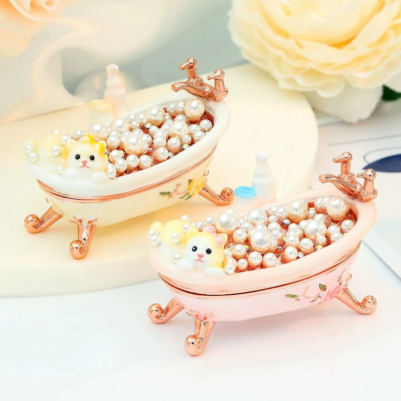 Cute Room Decor Creative Cat Bathtub Jewelry Organizer Earrings Ring Necklace Storage Box Girl Holiday Gift Exquisite Container