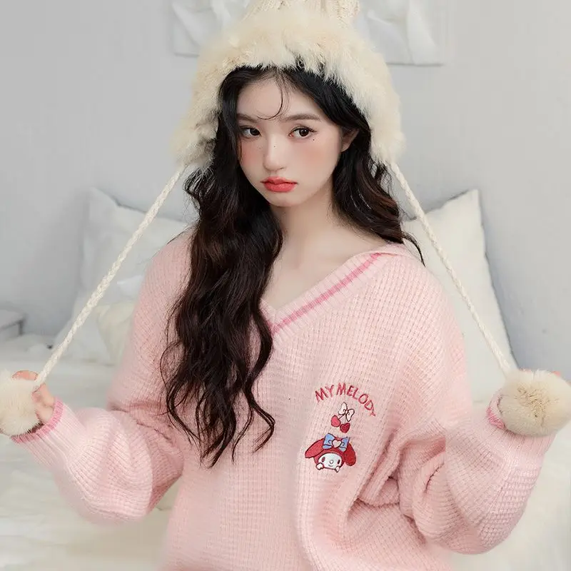 Cute Cartoon Kuromi Embroidery Knitted Sweater Women College Style V Neck Tops Girls My Melody Cinnamoroll Cute Sweet Pullover view 2