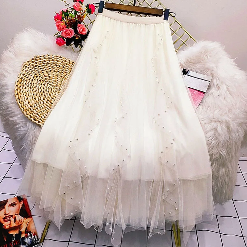 Fashion Beading Tulle Skirts Womens 2023 Summer White Elastic High Waist Mesh Skirts Long Pleated Tutu Skirt Female Jupe Longue