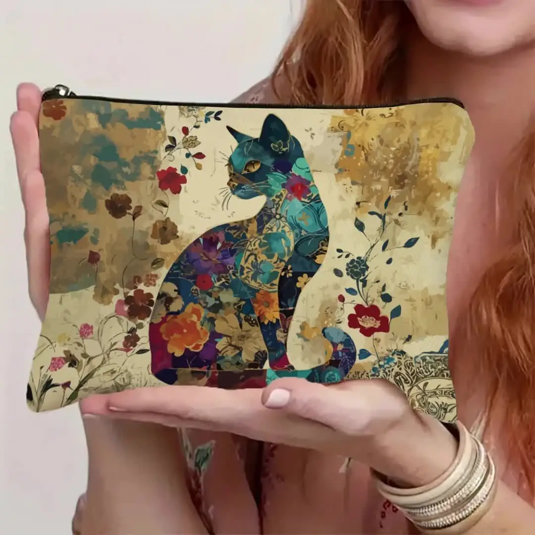 حقيبة مكياج خفيفة الوزن من البوليستر بنمط قطة الزهور النابضة بالحياة مع حقيبة مستحضرات تجميل للسفر بسحاب للنساء، زهور بتصميم فني