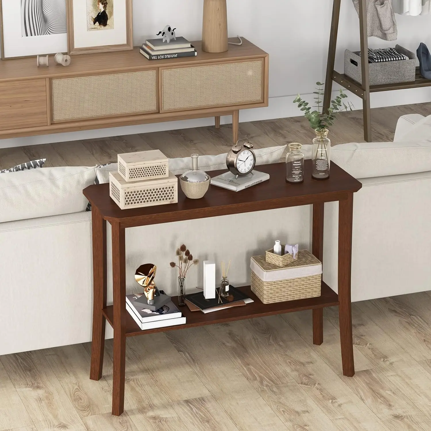 2-Tier Console Table for Entryway - Sofa Side Table with Open Shelf, Freestanding Long Entryway Table, Narrow Behind Couch