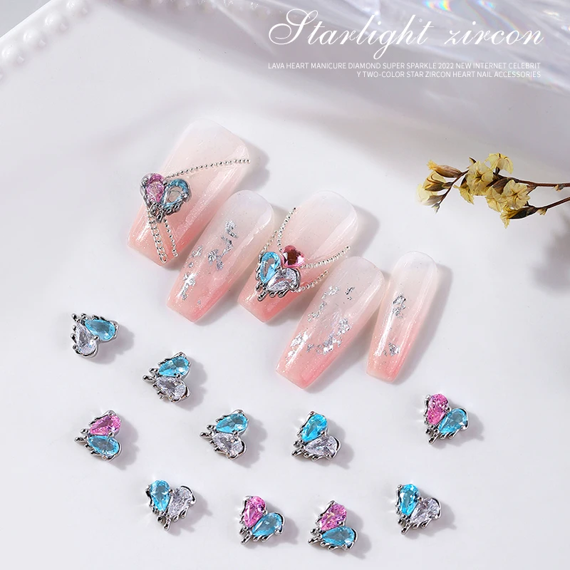 

10PCS Nail Art Peach Heart Bicolor Metal Edge Nail Rhinestones for DIY Art Decorations Fashion Flatback Clear Blue Pink