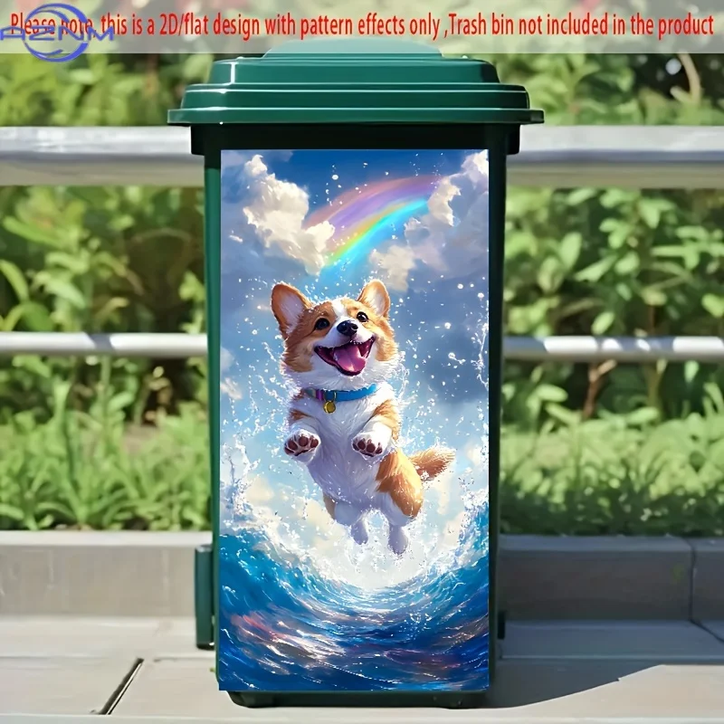 1pc 2D/FLAT Trash Can Sticker,  x  inch, Happy Corgi Jumping in Ocean with Rainbow, Joyful and Vibrant Dog Illustration, Creat