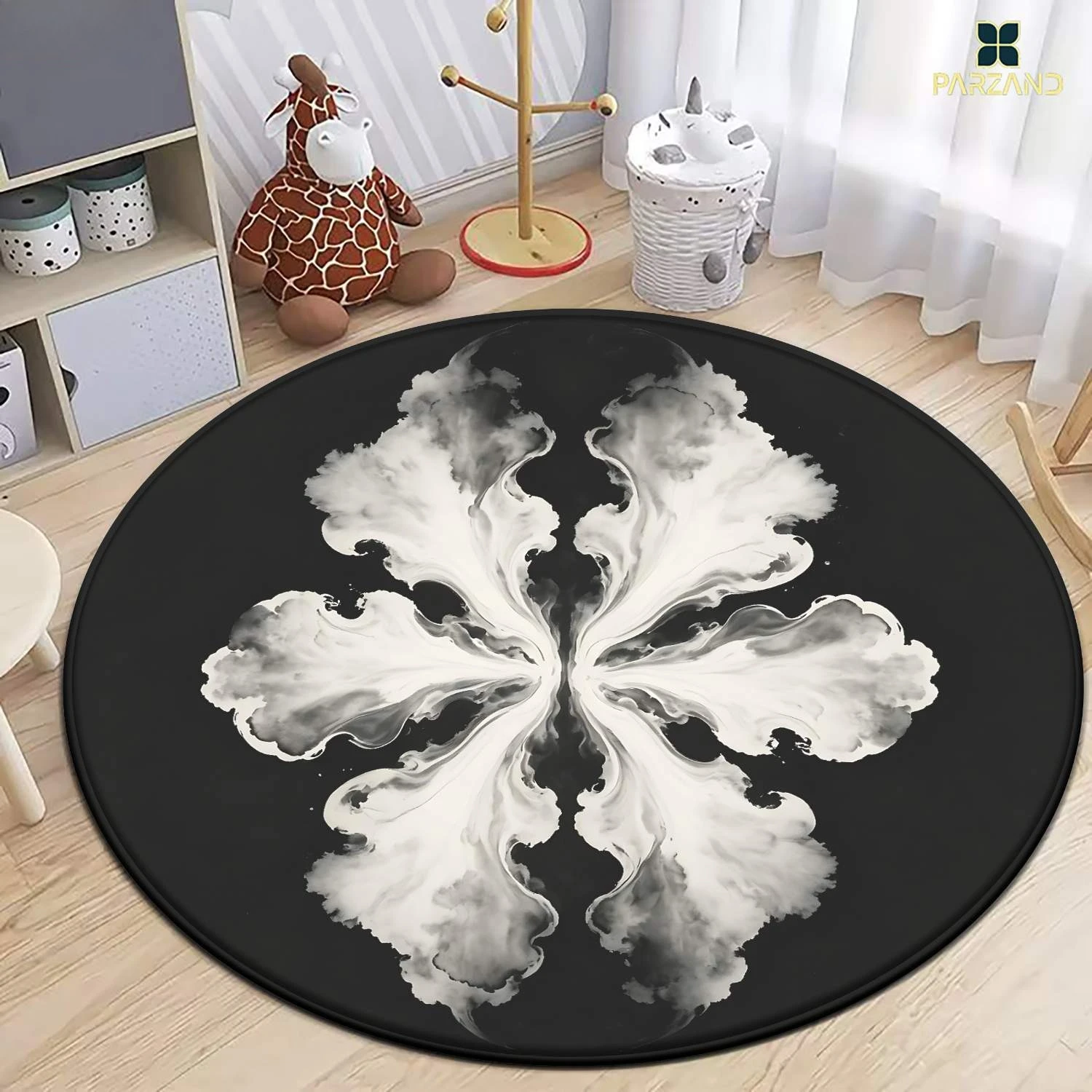 Modern Abstract Ink Fluid Art Circular Area Rug  Grey White Symmetric Flower Print Anti Slip Living Room Decor Round Doormat