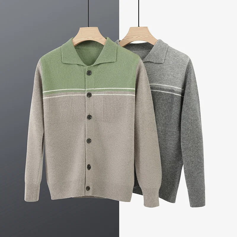 Autumn And Winter New 100% Pure Wool Lapel Cardigan Leisure Business Men's Knitted Bottoming Color Matching Sweater Coat