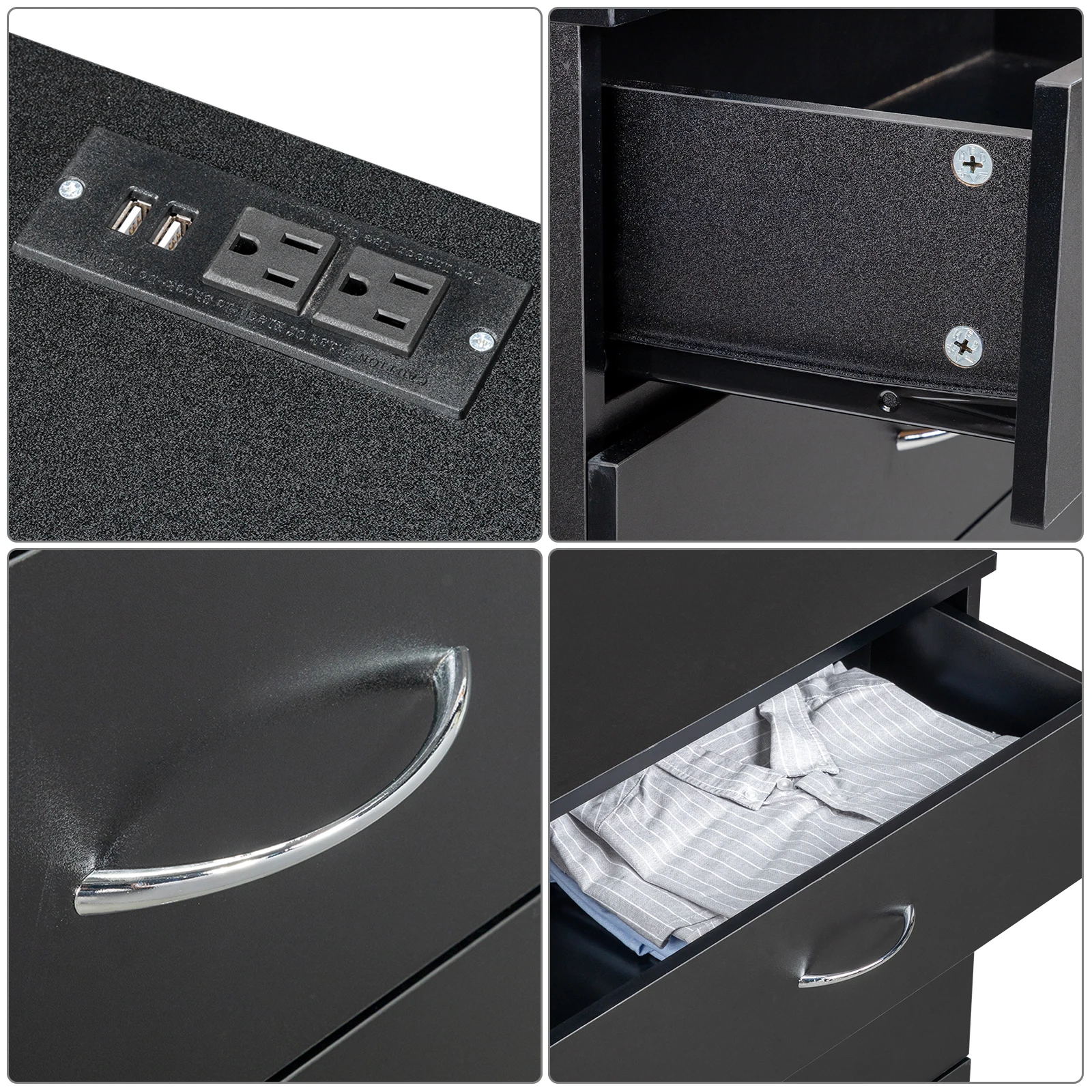 PB Wood Simple 4-Drawer Nightstand Dresser with USB Ports & Outlet Black