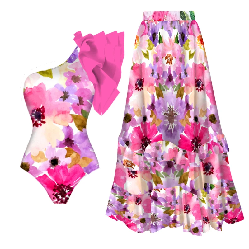 2025 Floral Print Shoulder Ruffle One Piece Swimsuit With Cover Up Women Swimwear Sexy Swim Suit Monokini Bodysuit Bathing Suit