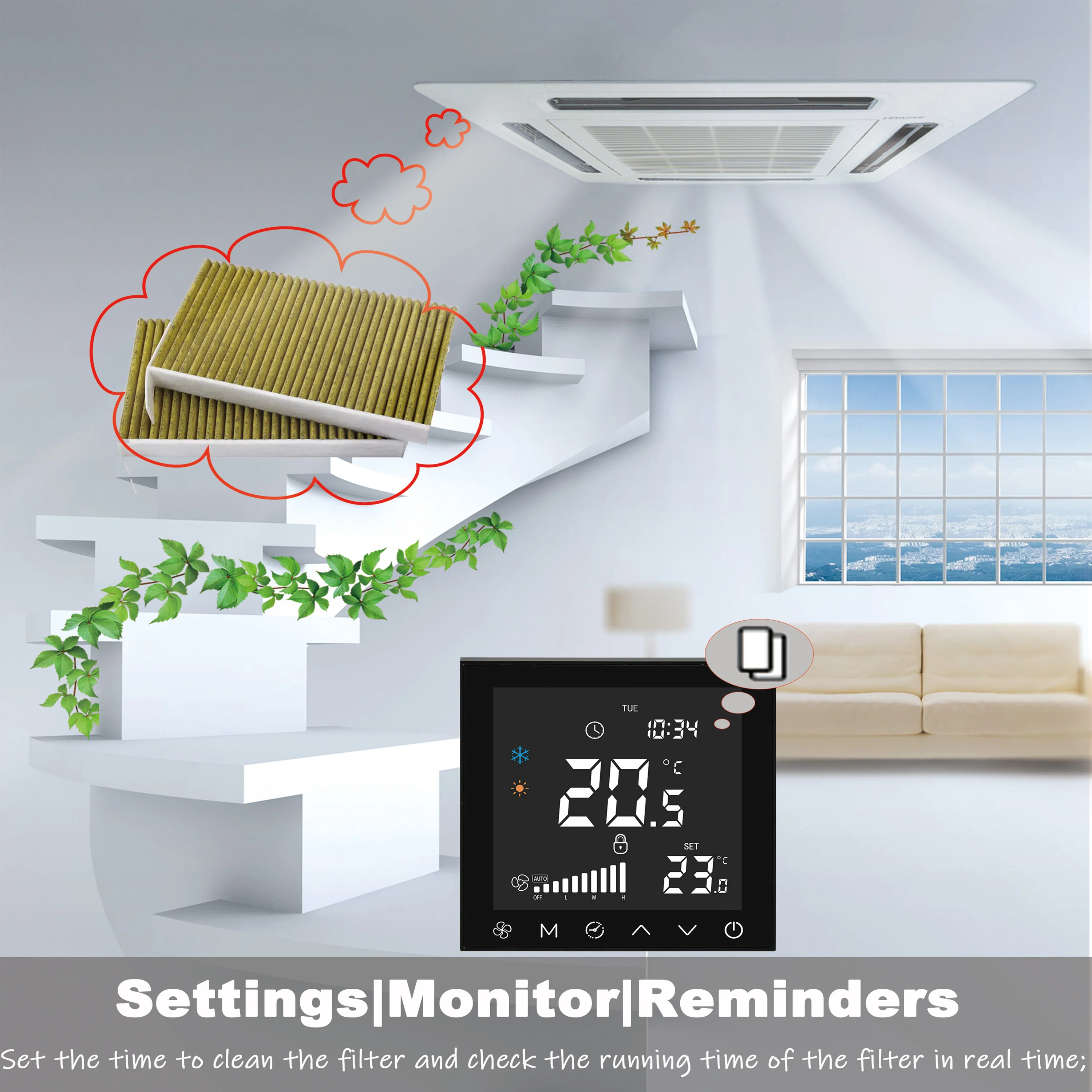 2 In 1RS485/WIFI Hot Cold Thermostat for Fan Coil Unit Ventilation System 3-Speed Filter Screen Alert