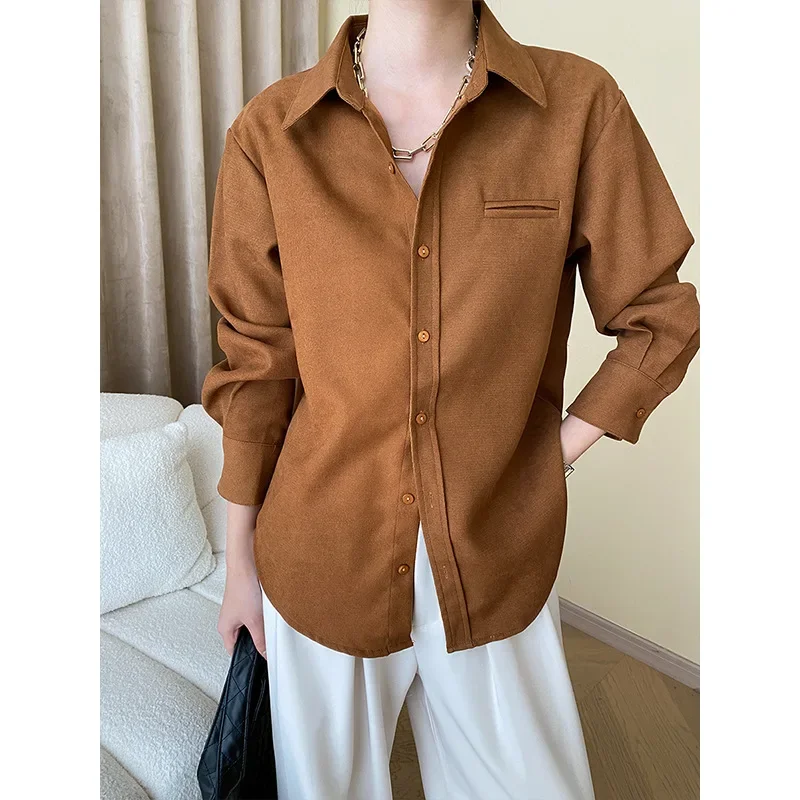 

Women's High Quality French Solid Simple Straight Versatile Sina Coarse Texture Sanding Overlapping Shirt Tops for Ladies